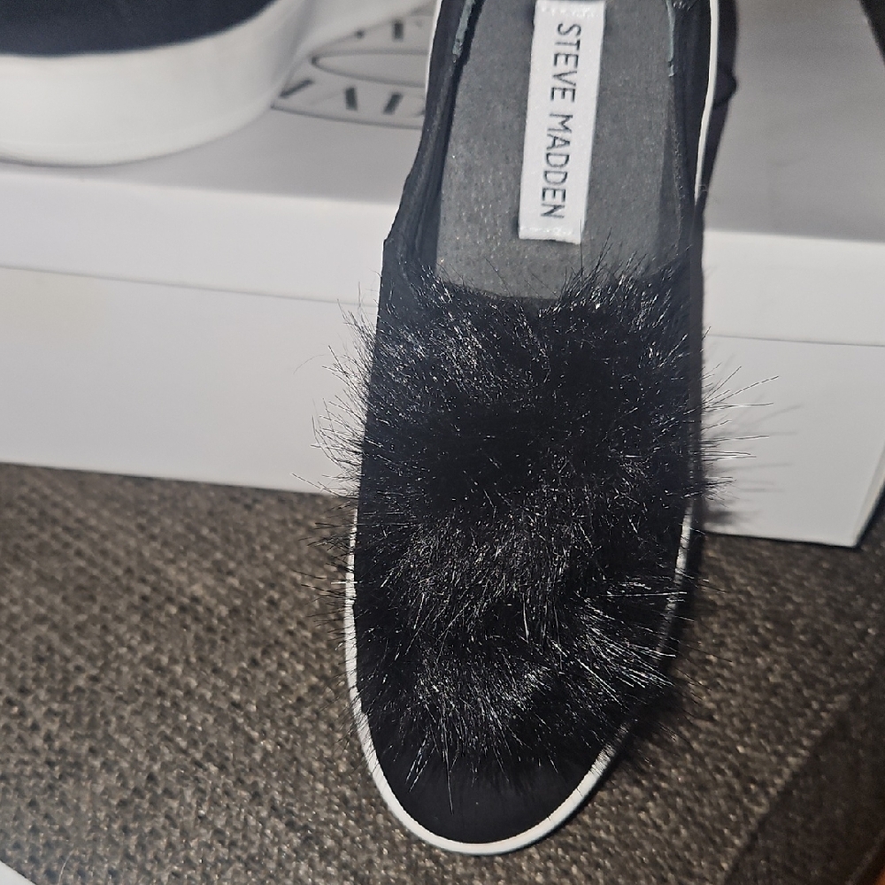 Steve Madden Black Furry Slip-On Sneakers - Picture 4 of 8